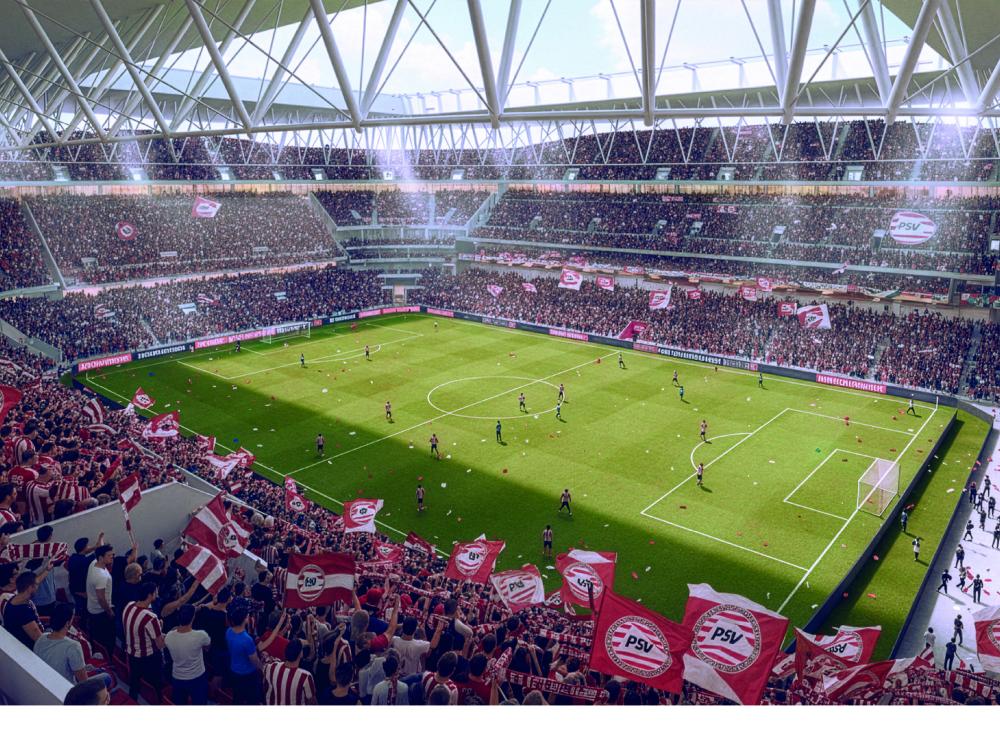 Deze afbeelding geeft een impressie van de binnenzijde van het vernieuwde Philips Stadion.